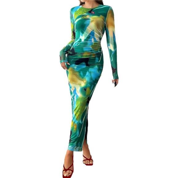 Women's Long Sleeve Maxi Dress Fashion Green - Picture 1 of 6